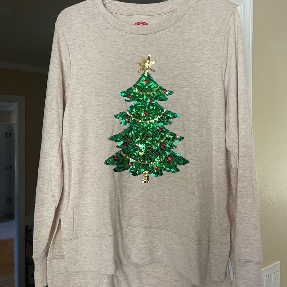 Holiday Time Cream Top with Green Sequin Christmas Tree
